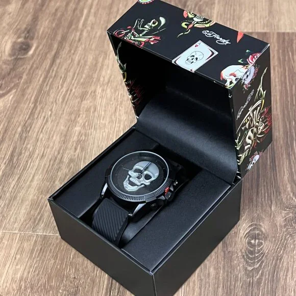 NEW Ed Hardy Silver Black 3D Skull Mens Watch